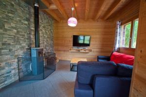 a living room with a couch and a tv at Chalet La Merlerie in Morzine