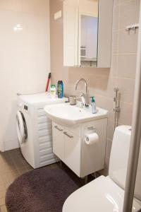 a bathroom with a sink and a toilet and a mirror at Lahti Furn House in Lahti