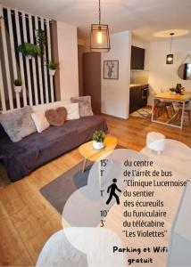 a living room with a couch and a table at Studio au cœur des Alpes et Parking gratuit in Crans-Montana