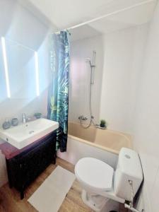 ein Badezimmer mit einem WC, einem Waschbecken und einer Badewanne in der Unterkunft Studio au cœur des Alpes et Parking gratuit in Crans-Montana