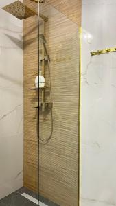 um chuveiro com uma porta de vidro na casa de banho em Apartament Lux SunRise em Żywiec