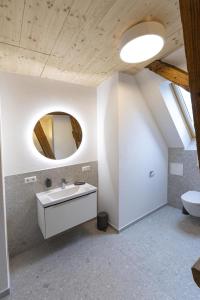 La salle de bains est pourvue d'un lavabo et d'un miroir. dans l'établissement Landurlaub mit neugierigen Blicken in den Pferdestall, eingezäuntem Garten, Kamin und Sauna, à Rot am See