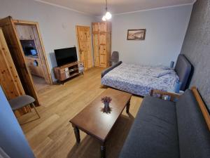 una pequeña sala de estar con cama y sofá en Апартамент Барок 2 en Lovech