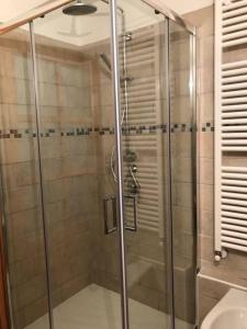 a shower with a glass door in a bathroom at Alloggio Kenne, a 200m dagli impianti Monterosaski in Champoluc