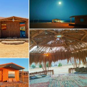 een groep van vier foto's van een strand met een rieten parasol bij Casablanca Beach Camp in Nuweiba‘ el Muzeinah