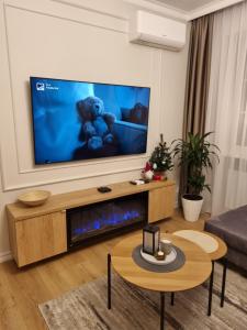 a living room with a tv above a fireplace at Good Mood Apartment in Klaipėda