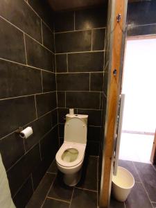 a bathroom with a toilet in a black tiled wall at Grand Studio Val Cenis in Lanslebourg-Mont-Cenis