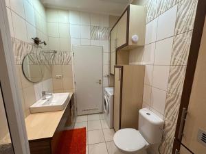 ein kleines Badezimmer mit Toilette und Waschbecken in der Unterkunft Apartment Sadova Karlovy Vary in Karlsbad + 21 Fotos