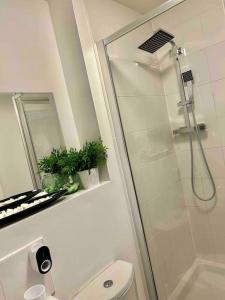 a bathroom with a shower and a toilet with plants at Manchester Etihad Stadium Apartment by Daley Stays in Manchester
