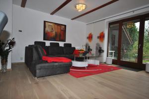 uma sala de estar com um sofá preto e um tapete vermelho em Ferienhaus Medemsonne em Otterndorf