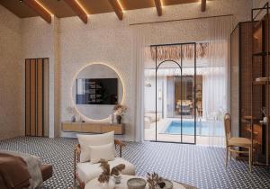 een woonkamer met een spiegel en een zwembad bij Sun Hotel and Resort, Mount Abu in Abu Road