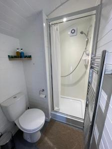 a white bathroom with a shower and a toilet at Hideaway Pod near Loch Ness for a tranquil retreat in Lewiston