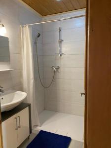 uma casa de banho com um chuveiro e um lavatório. em Haus Reichlas em Längenfeld
