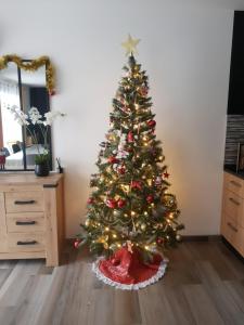 Un árbol de Navidad sentado en una sala de estar en Villa des rives du Lac, en Montans