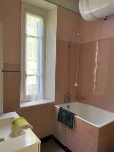 ein Bad mit einer Badewanne, einem Waschbecken und einem Fenster in der Unterkunft Charming holiday home in a beautiful setting in Axat