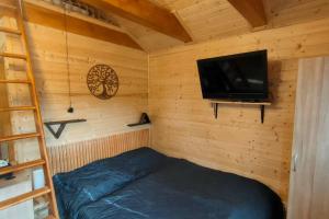 a small room with a bed and a flat screen tv at Tiny Treperka in Semily