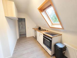 una pequeña cocina con fregadero y ventana en Cozy Apartment in Nierstein, en Nierstein