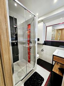 ザコパネにあるSunny Apartment Centrum Zakopaneのバスルーム(ガラス張りのシャワー、シンク付)