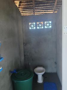 a small bathroom with a toilet and a green bucket at Dream house 