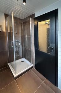 ein Bad mit einer Dusche und einer schwarzen Tür in der Unterkunft Urban Studio in Buttelstedt