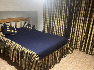 a bedroom with a bed with blue sheets and curtains at CABAÑA PUNTA NEGRA MANZANO HISTORICO TUNUYAN MENDOZA in Los Árboles