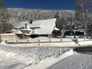 a house covered in snow next to a road at Waldhotel Auerhahn "Hochkopfhaus" in Todtnau