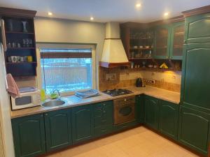 a green kitchen with a sink and a window at House By The Sea With Hot Tub in Riga