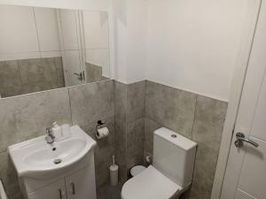 Un baño con un inodoro blanco y un lavabo. en The Boat House Short Stay, en Leicester