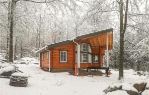 una pequeña cabaña de madera en el bosque en la nieve en Gorgeous Home In Fjlkinge With Kitchen en Fjälkinge