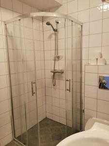 a shower stall in a bathroom with a toilet at Nice 1-bedroom apartment in Heart of the City in Stavanger