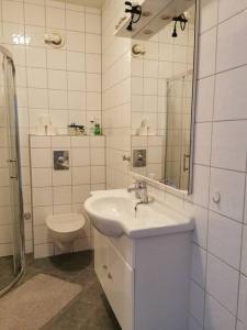 a bathroom with a sink and a toilet and a mirror at Nice 1-bedroom apartment in Heart of the City in Stavanger