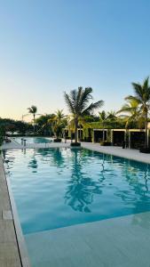 una gran piscina con palmeras en el fondo en Cartagena, Morros Zoe apto acceso directo a playa, en Cartagena de Indias