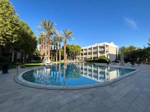 une piscine bordée de palmiers et un bâtiment dans l'établissement Royal Park - Paul's Place, à Eilat
