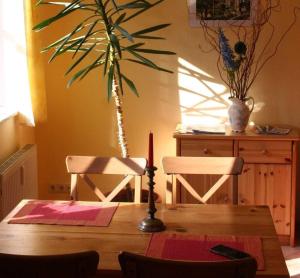 una mesa con una vela y dos sillas y una planta en Ferienwohnungen Am Breitstrom, en Erfurt