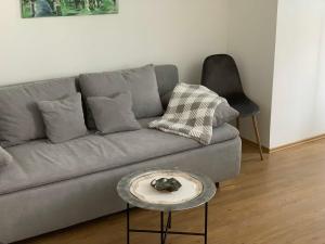 a living room with a gray couch and a table at Ferienwohnung Am Luisenpark in Erfurt