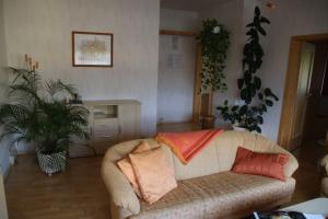 ein Wohnzimmer mit einem Sofa mit Kissen darauf in der Unterkunft Ferienwohnung Blosenburgblick in Erfurt