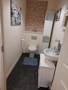 a bathroom with a toilet and a sink at Silverstone White House in Silverstone