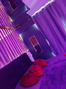 Superbe appartement Colmar avec vue et Jacuzzi في كولمار: غرفة نوم أرجوانية مع وسادتين حمراء على سرير