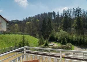 a view of a hill with a train on the tracks at VacationClub - Bukowa 6B Apartament 26 in Wisła