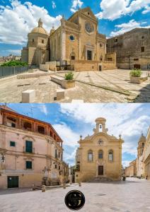 dos fotos de un antiguo edificio con una torre de reloj en Glamour suite, en Gravina in Puglia