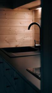 a kitchen with a sink and a faucet at kiva cabin in Horné Hámre