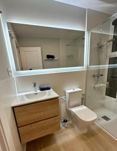 La salle de bains est pourvue d'un lavabo, de toilettes et d'un miroir. dans l'établissement Apartamentos Universidad, à Murcie