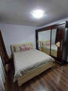 1 dormitorio con cama y espejo grande en sweethomegalati en Galaţi