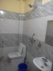 a bathroom with a toilet and a sink at Hotel aradhya in Lumbini