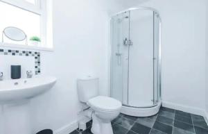 a bathroom with a toilet and a shower and a sink at St Helens - Cosy 1 Bed in Saint Helens