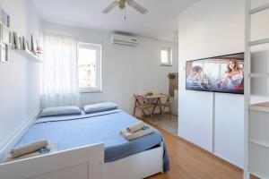 Sunny & Cosy Studio wParking في روفينج: غرفة نوم بسرير وتلفزيون بشاشة مسطحة
