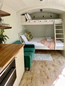 a room with a bunk bed and a green couch at Cosy Shepherds Hut Lyme Regis in Uplyme