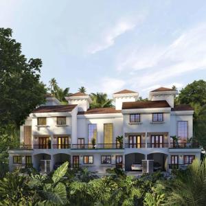 una representación de una gran casa blanca con árboles en Blissful Grand 3BHK Villa Getaway Row Villa 2 en Camorlim