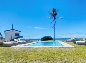 a palm tree sitting next to a swimming pool at Ponta Mar Resort in Ponta do Ouro
