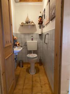 une petite salle de bain avec toilettes et lavabo dans l'établissement Haus Reichlas, à Längenfeld 15 autres photos